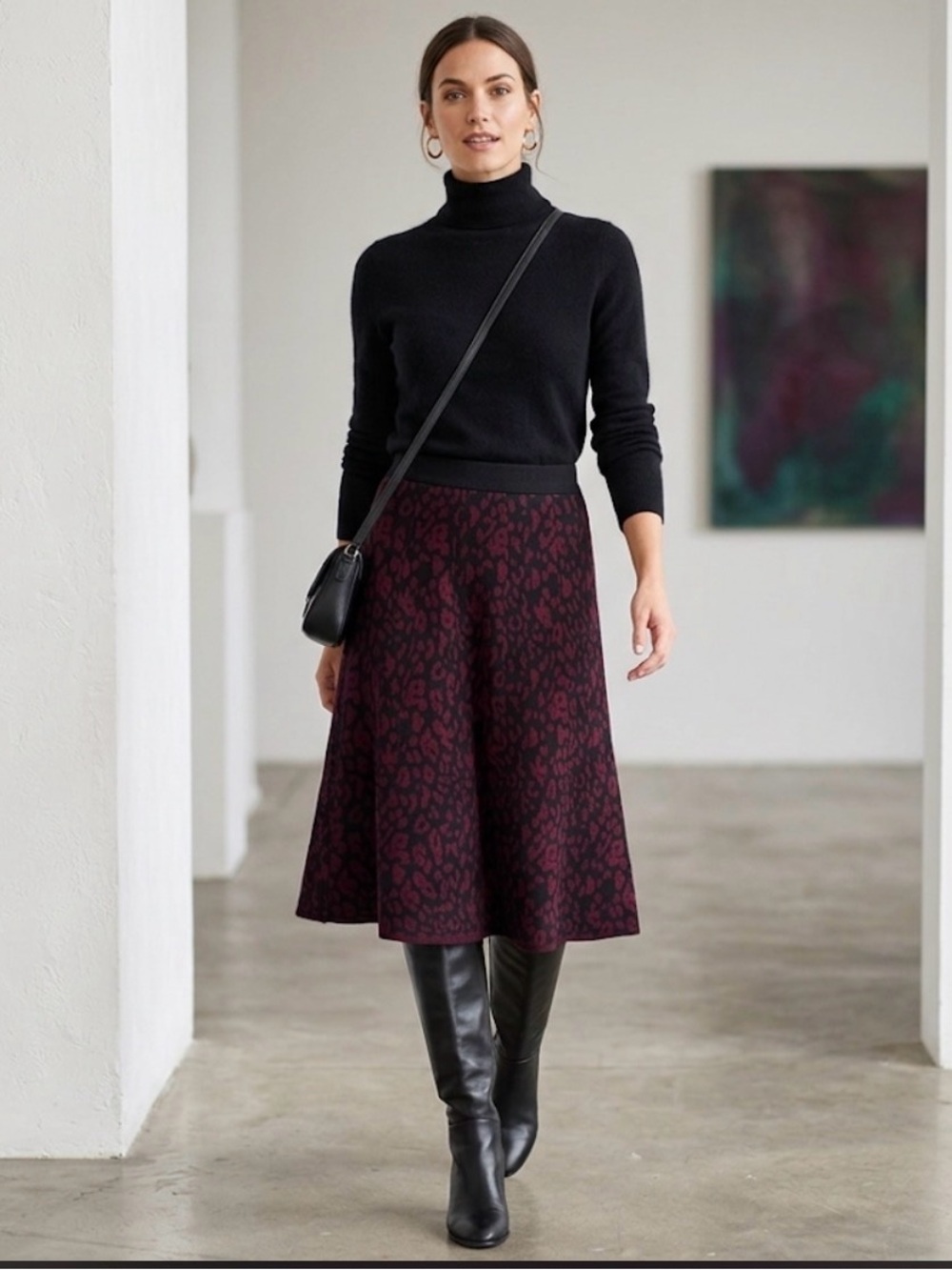 Chelsea & Theodore Black Turtleneck with Burgundy Patterned A-Line Midi Skirt